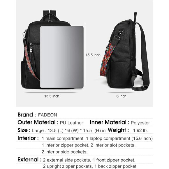 Women's Pure Black Retro Style Backpack Designer 15.6 inch PU Leather Laptop Bag - Picture 2 of 7